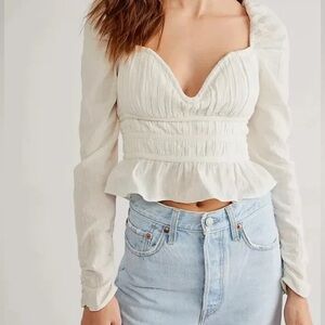 Free people Chloe puff sleeve cream sweetheart cotton top size extra small
